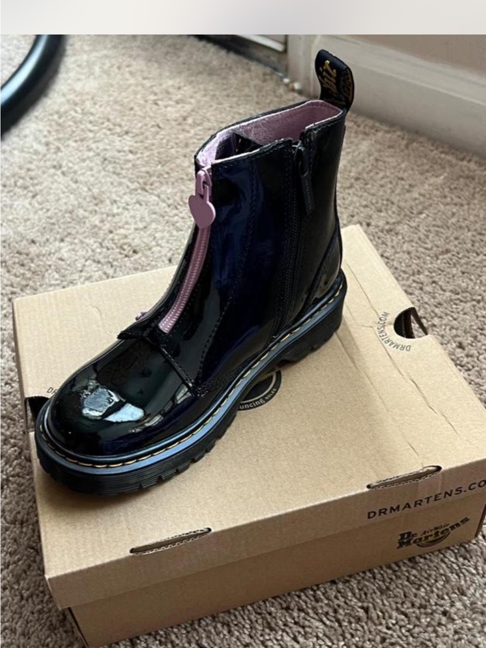Dr. Martens Black Patent Ankle Boot with Pink Zipper Pull